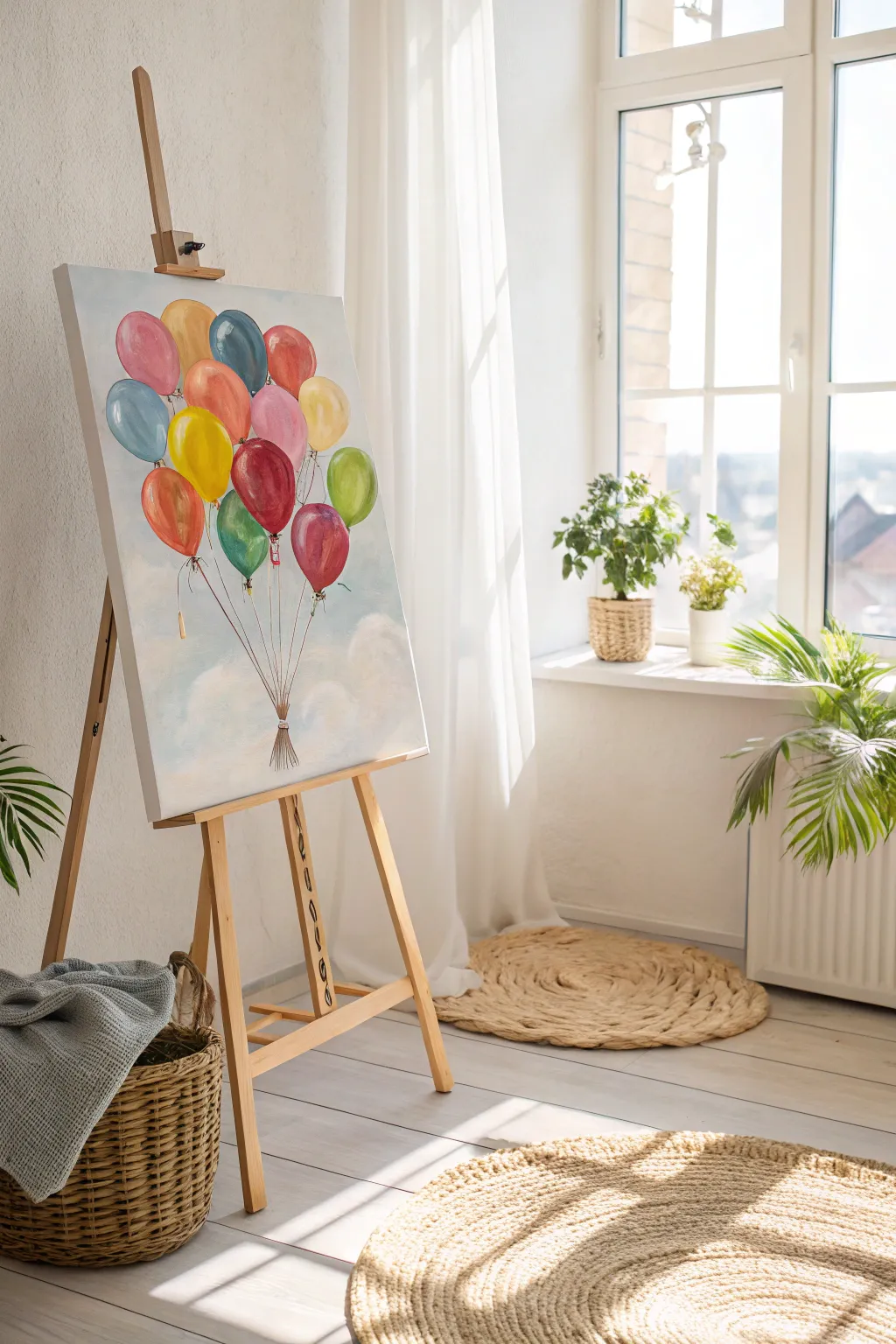 Elevate your space with a vibrant balloon bouquet painting—capture the essence of celebration in minimalist style.