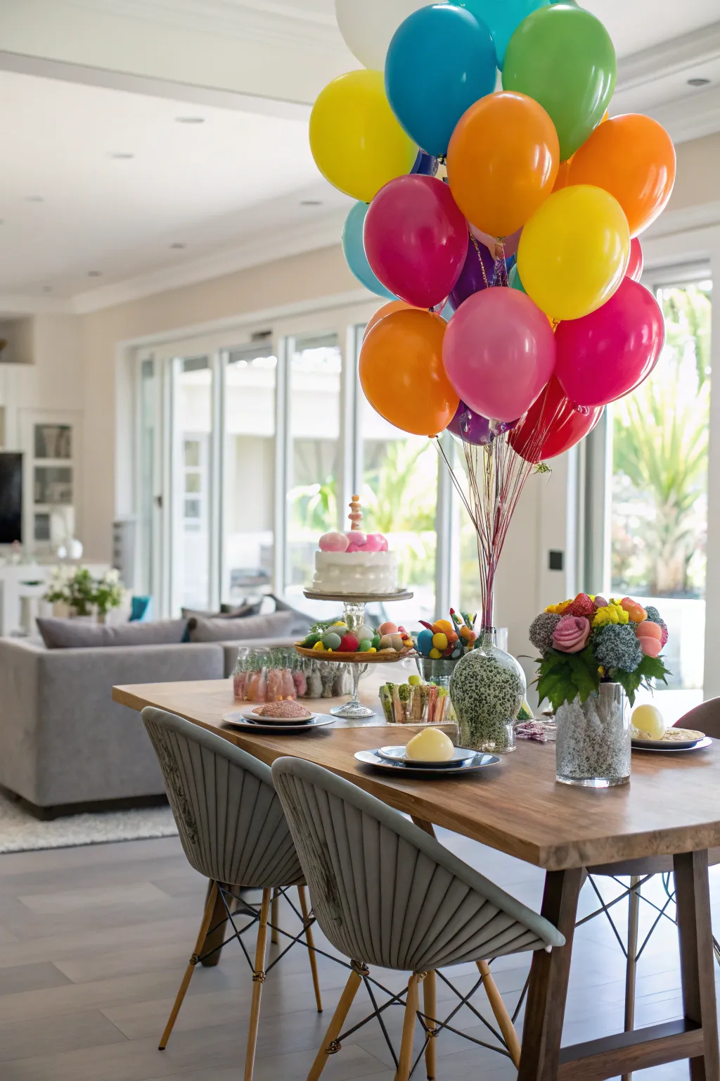 Colorful balloon bouquets adding a playful touch to the birthday table.