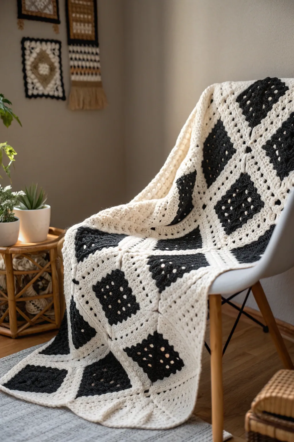 Elevate your space with the timeless elegance of a monochrome granny square blanket. A perfect blend of tradition and modern minimalism.