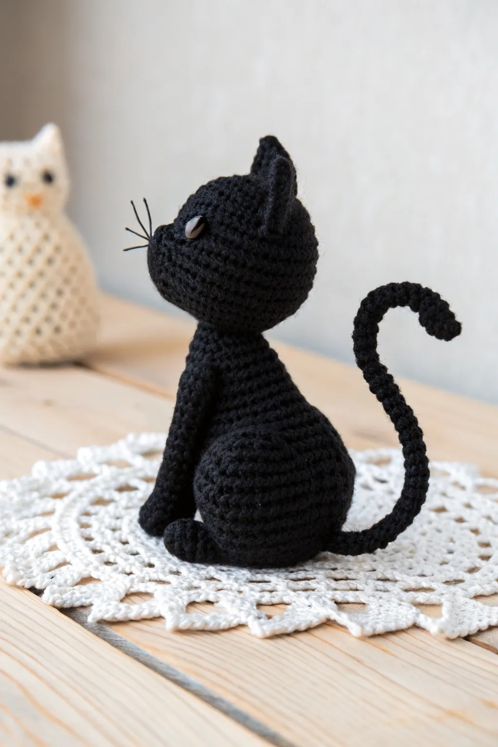 Charming and mysterious, this black crochet cat adds a touch of handcrafted elegance to any space.