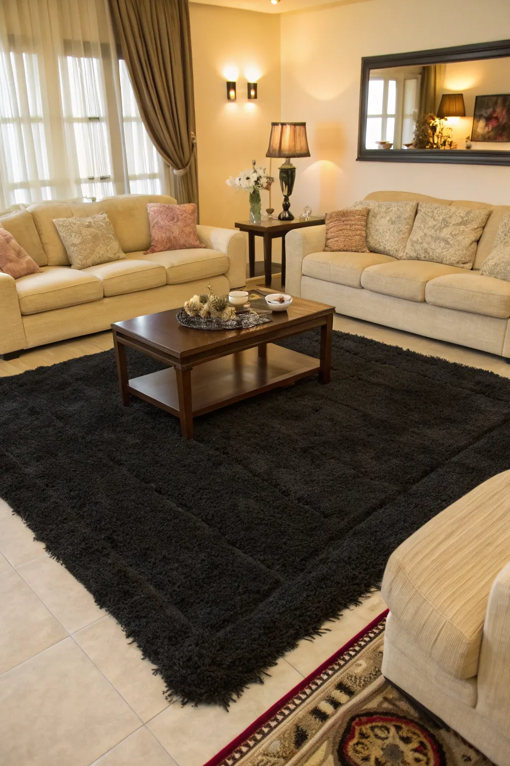 A black rug anchors the living room, creating a cohesive and inviting environment.