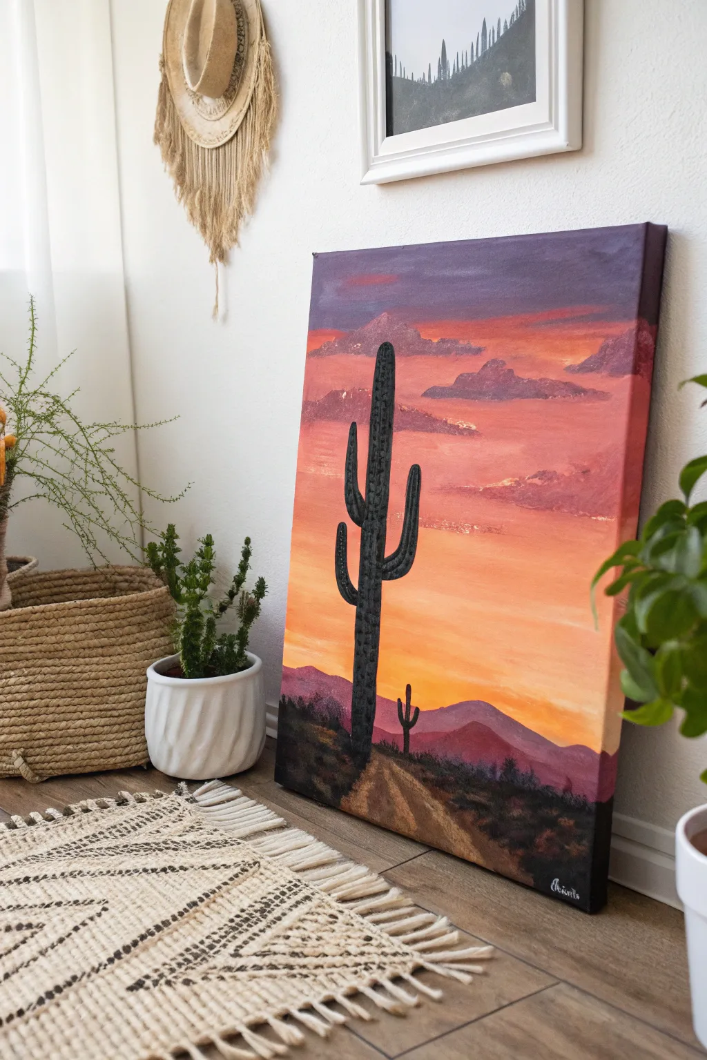 Embrace the serene beauty of the desert with this minimalist cactus painting, perfect for adding a touch of warmth and elegance to any space.