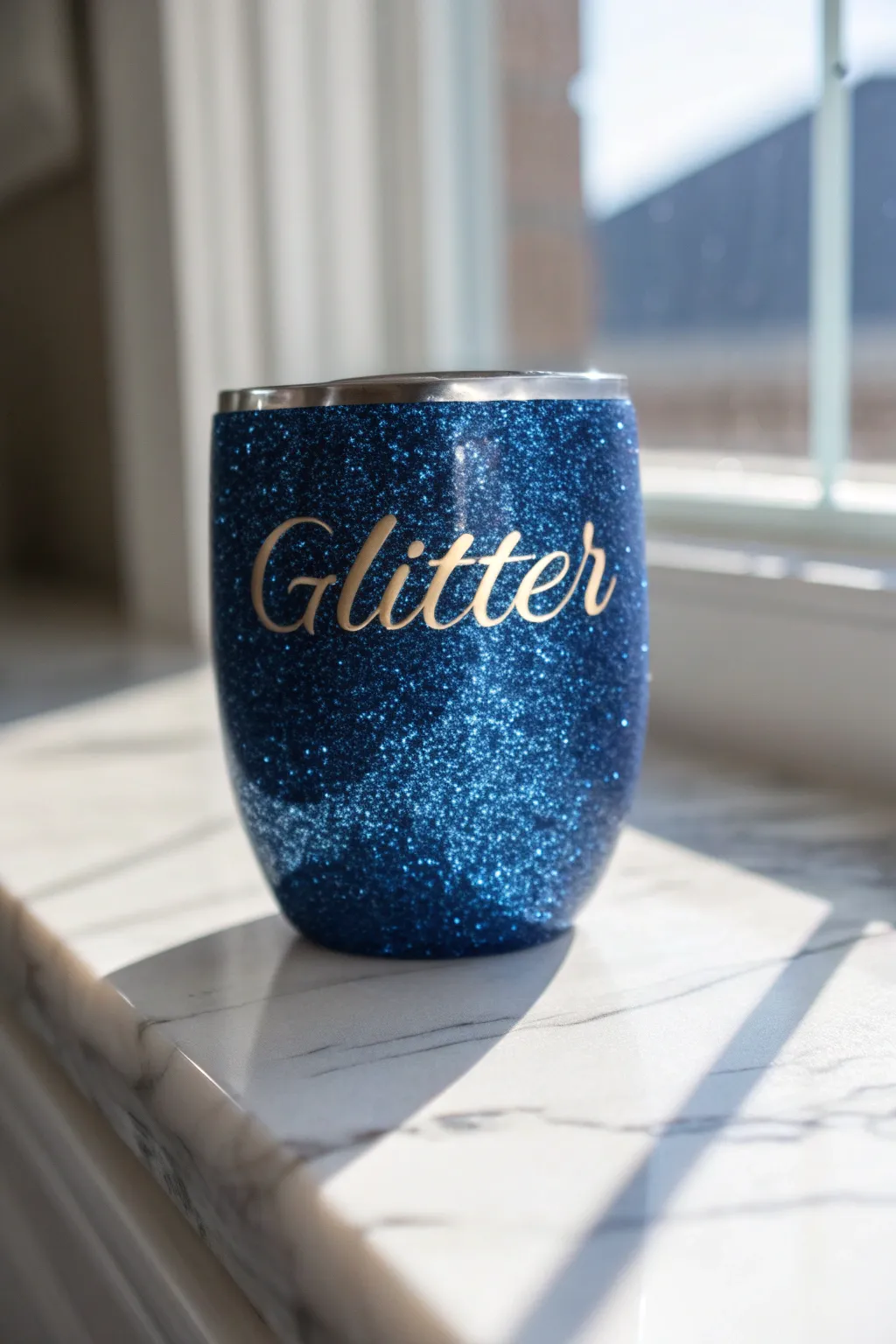 Sip in style with your name beautifully shimmering on this blue glitter tumbler, where elegance meets personalization.