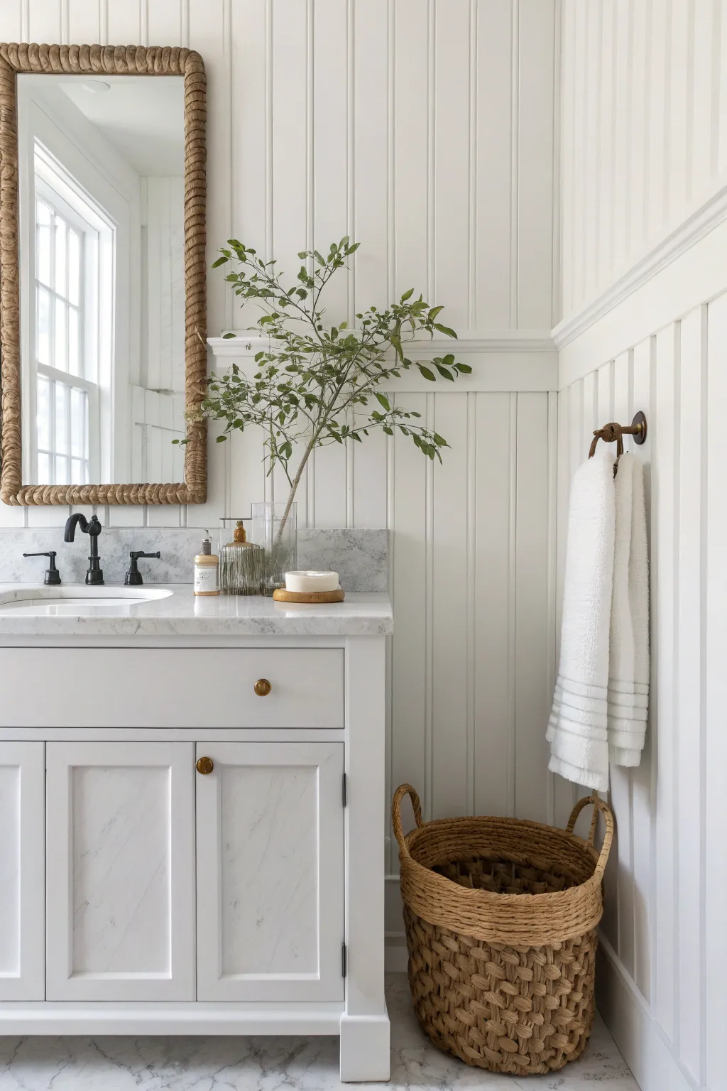 Elevate your bathroom with the timeless elegance of classic white board and batten walls, perfectly paired with minimalist decor.