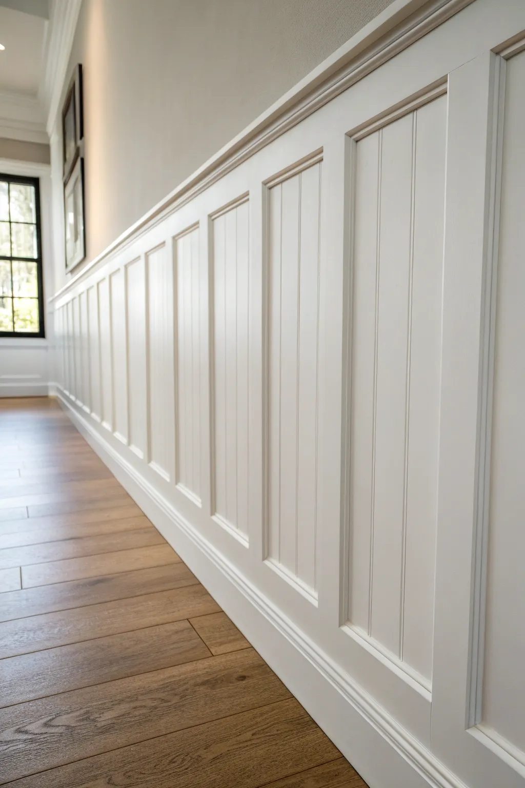 Embrace timeless sophistication with classic white board and batten elegance.