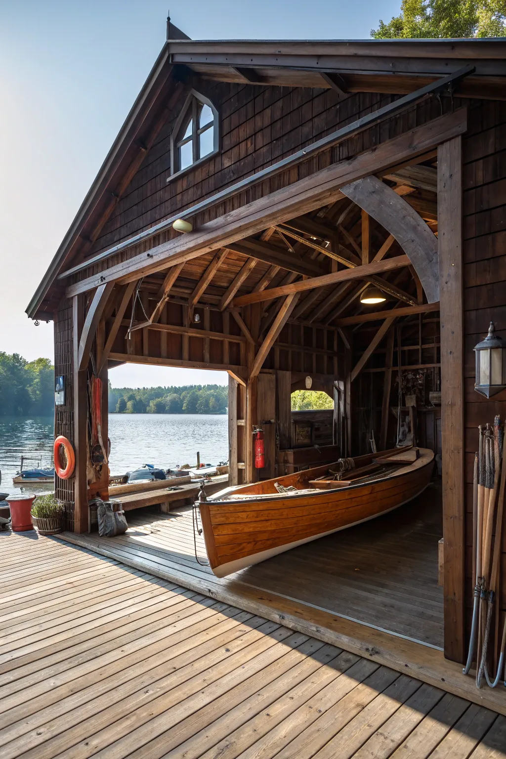 Craftsmanship meets functionality in this open-sided boat shed, your ultimate space for boat maintenance and storage.