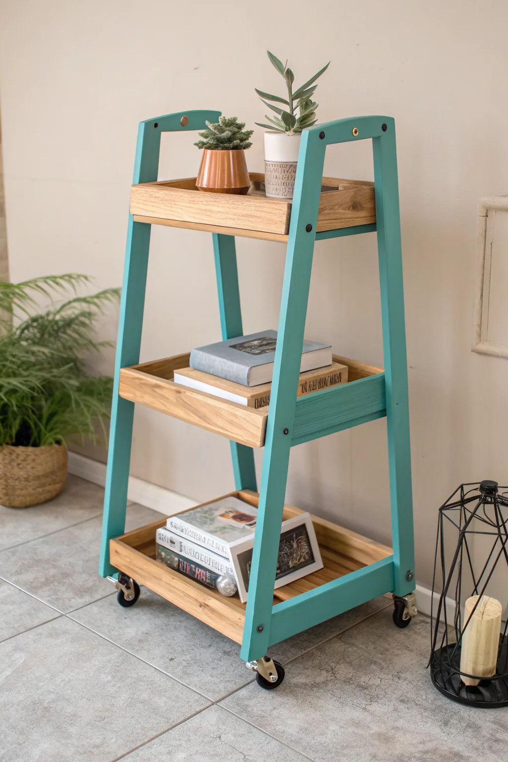 Add a splash of color and charm to your space with this vibrant teal book cart.