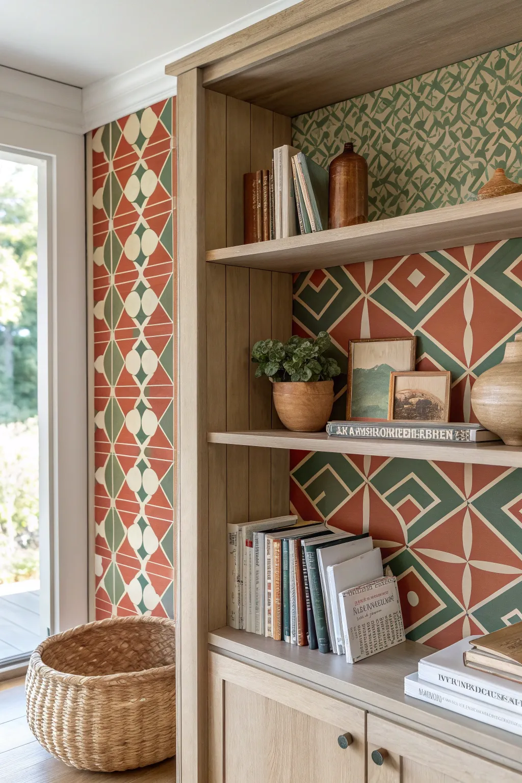 Transform your bookcase into a centerpiece with bold wallpaper for a touch of boho elegance.