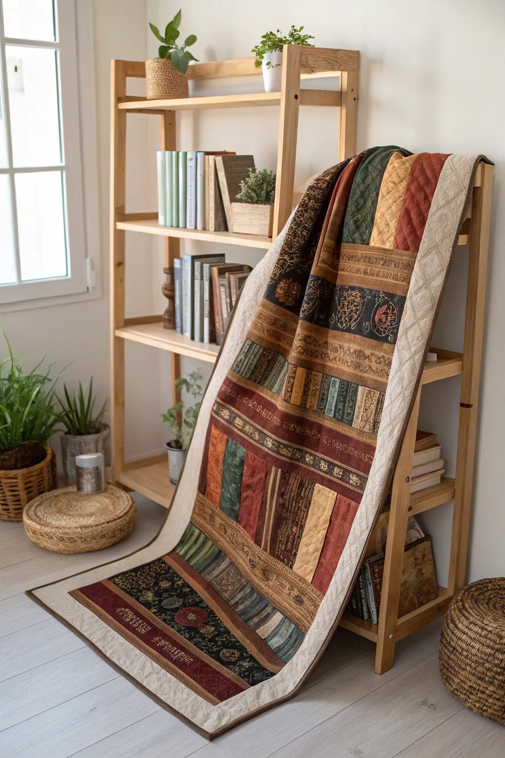 Wrap yourself in the warmth of vintage stories with a quilt inspired by timeless book spines.