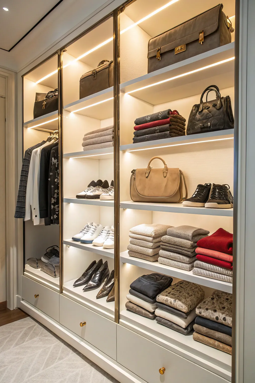 Open shelving allows for a beautiful display of fashion items while keeping them organized.