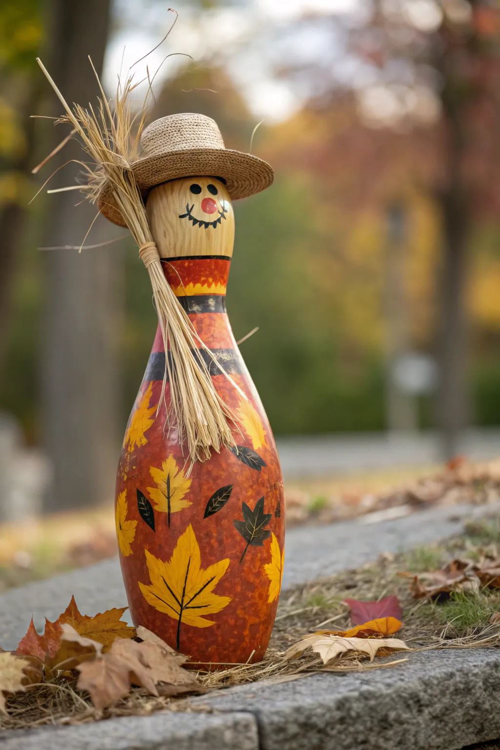 Transform your old bowling pin into a delightful autumn scarecrow centerpiece!