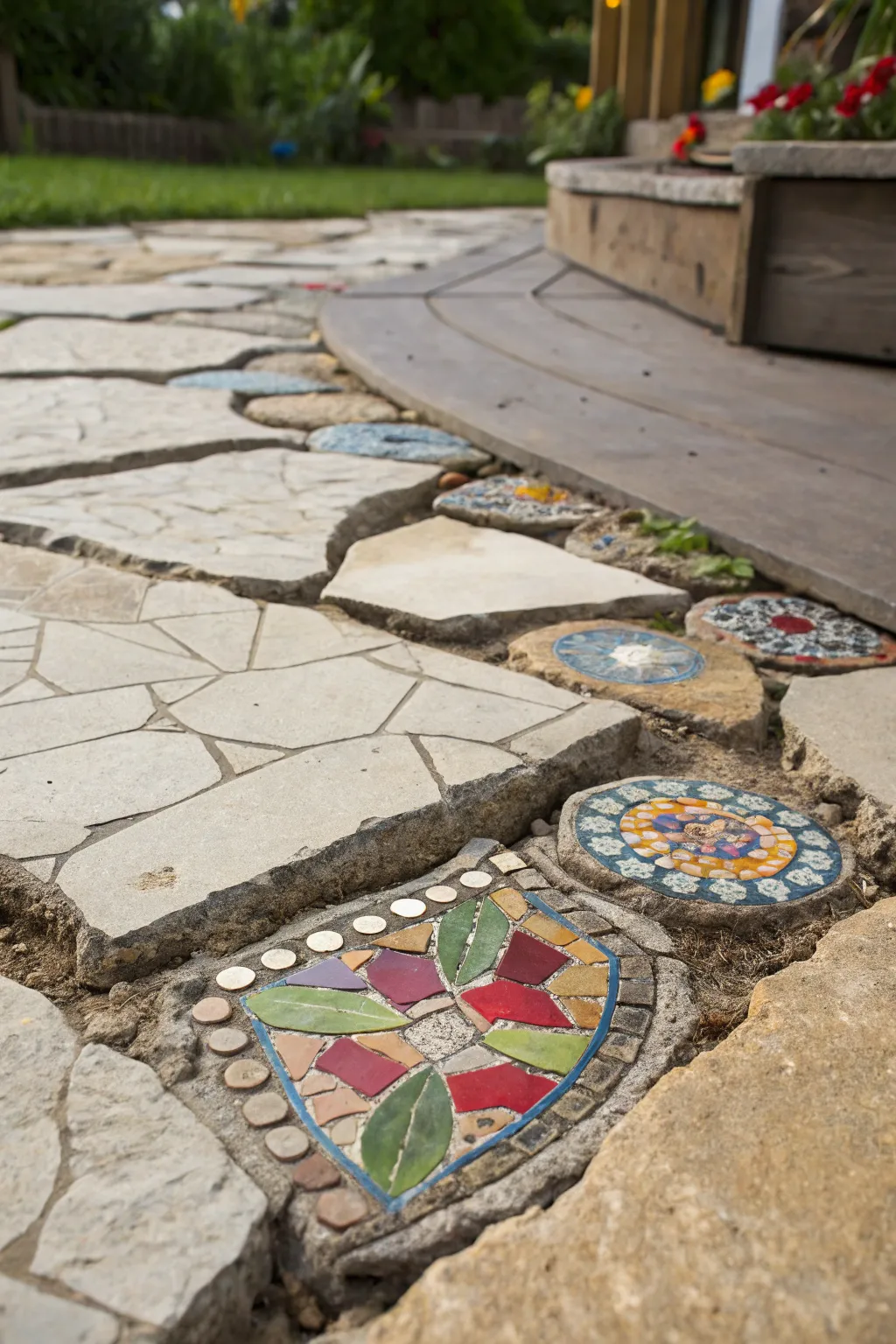 Transform your patio into a mosaic masterpiece with broken concrete and vibrant stones.