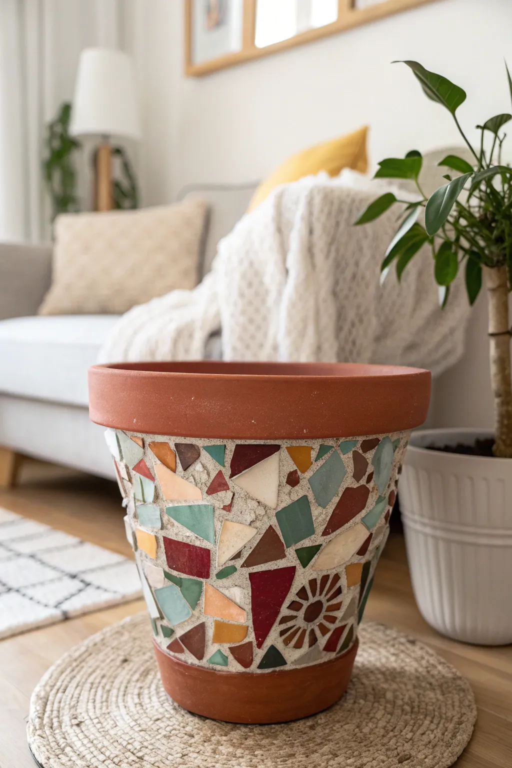 Transform your space with a touch of artistic elegance: a mosaic flower pot that celebrates the beauty of broken glass.