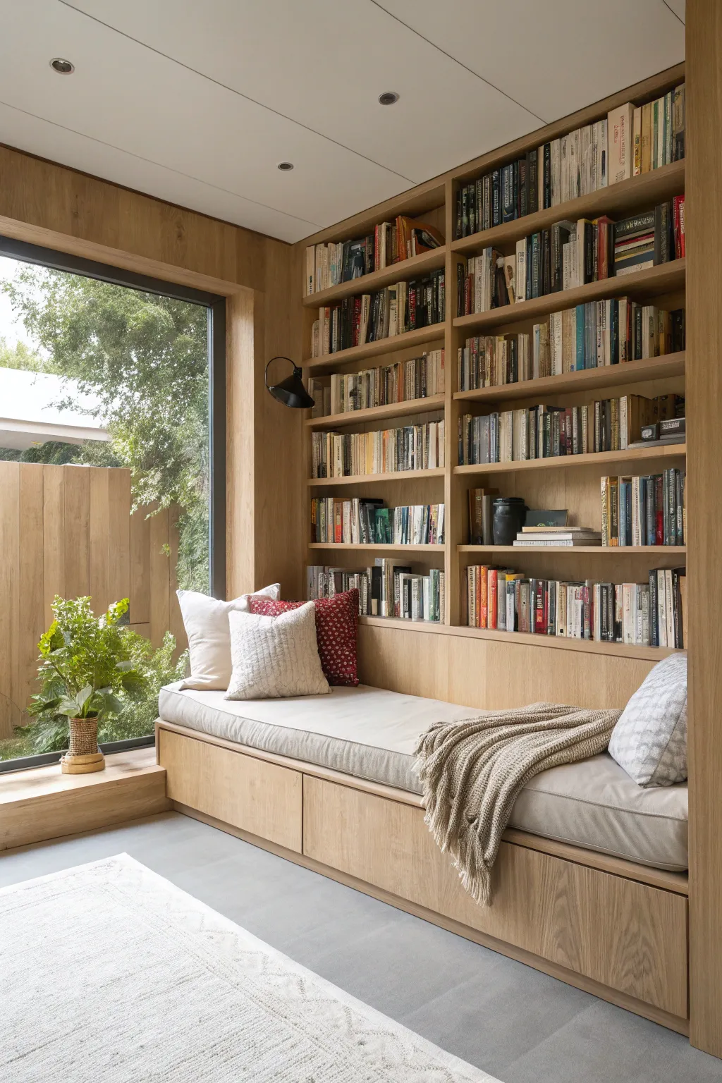 Embrace serenity with a built-in daybed library nook—your perfect escape into the world of books and tranquility.