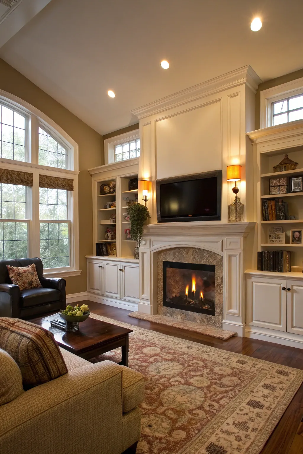 Symmetry brings harmony to this living room with a balanced entertainment center design.