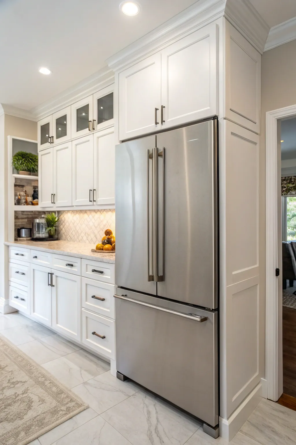 A built-in fridge that aligns perfectly with the cabinetry for an uninterrupted kitchen design.