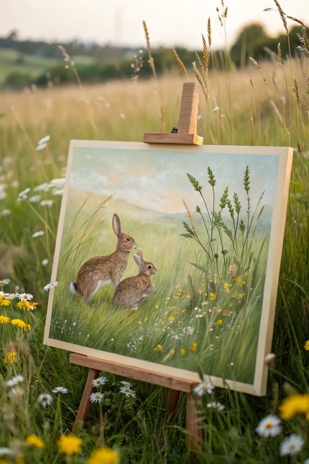 Embrace the tranquility of nature with this minimalist bunny meadow painting.