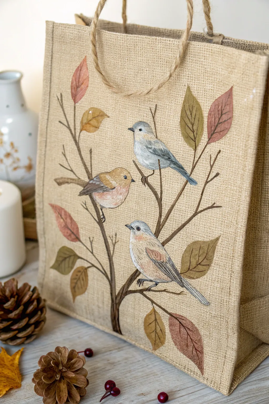 Transform your living space with this charming burlap bird art, a perfect blend of minimalism and handcrafted elegance.