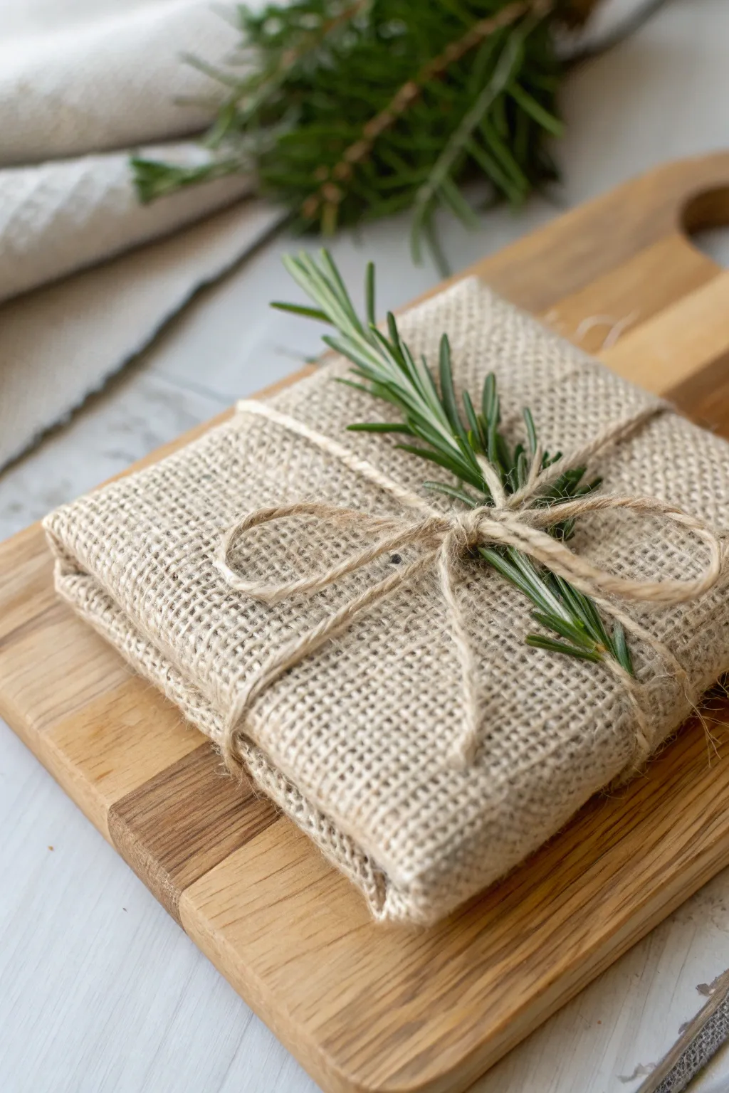 Elevate your gift-giving with rustic elegance: Burlap wrap with a touch of nature.