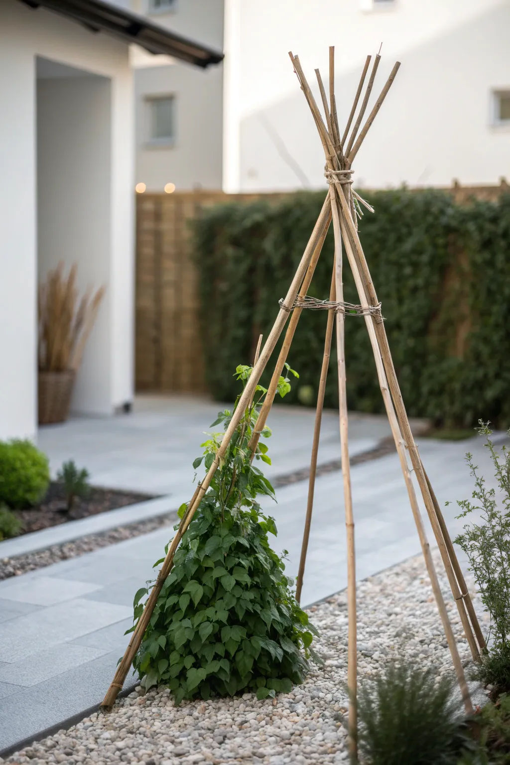 Embrace natural elegance with a bamboo teepee trellis—perfect for your climbing bush beans in a minimalist garden.