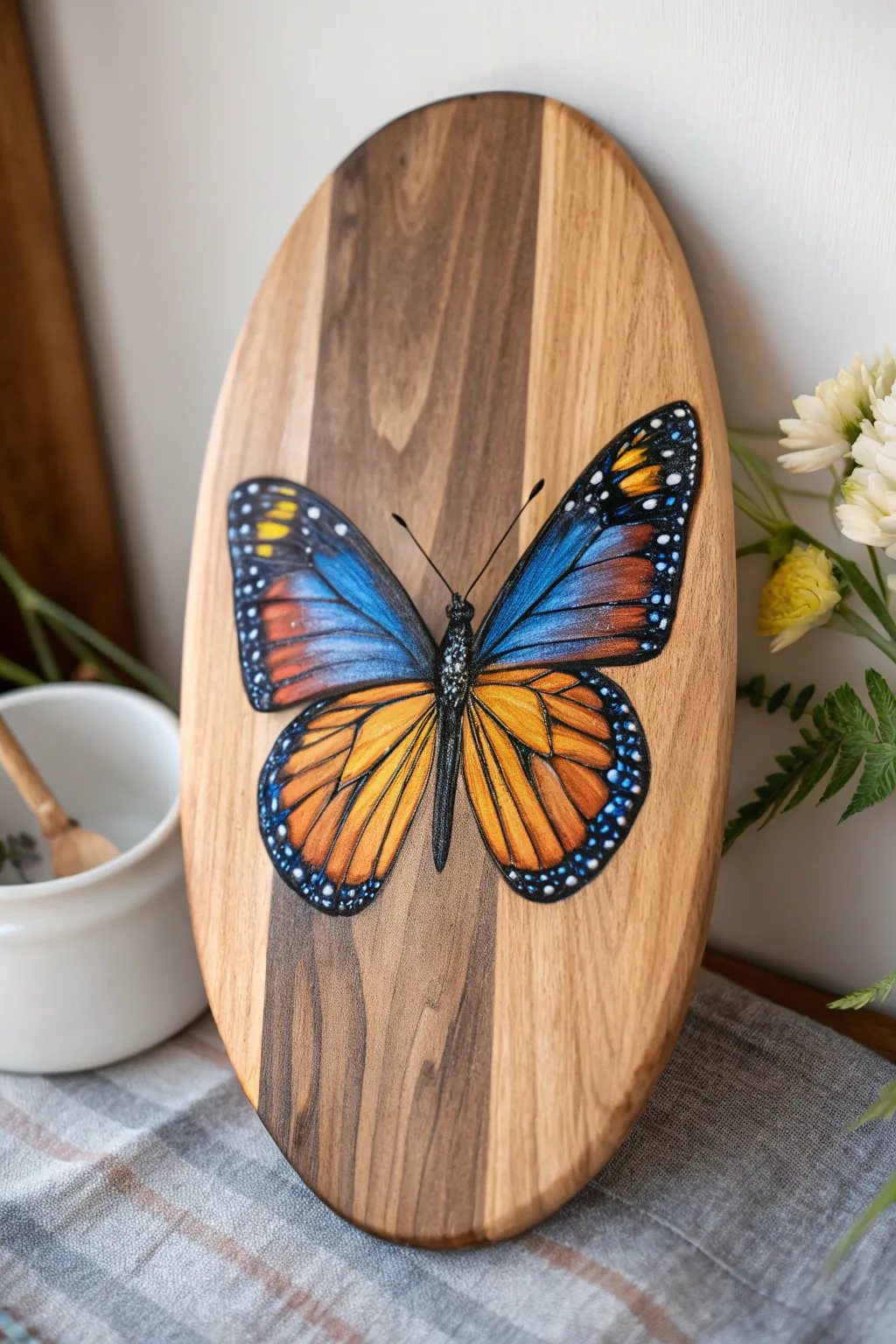 Nature's elegance: A vivid butterfly painted on rustic wood.