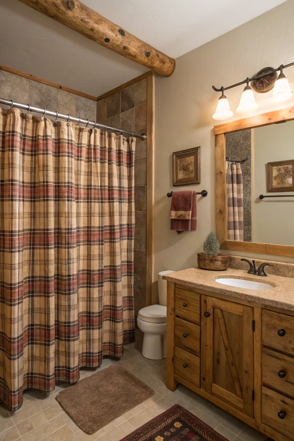 A bathroom featuring a plaid shower curtain in earthy colors, perfect for cabin charm.