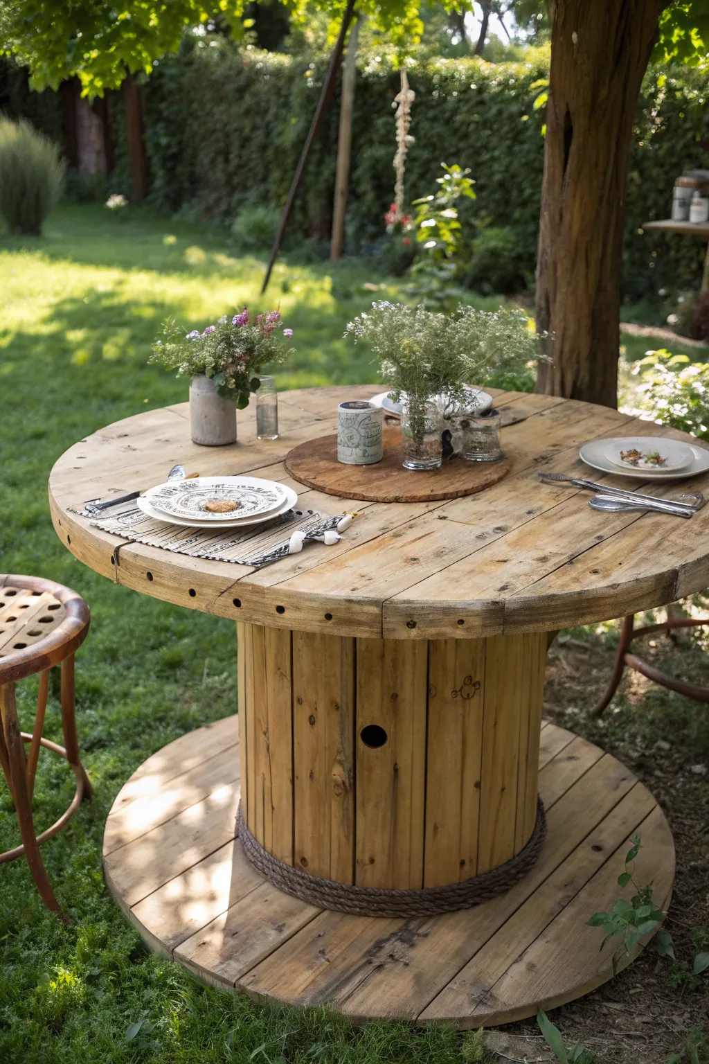 Elevate your backyard with this rustic cable spool dining table, where craftsmanship meets the beauty of nature.