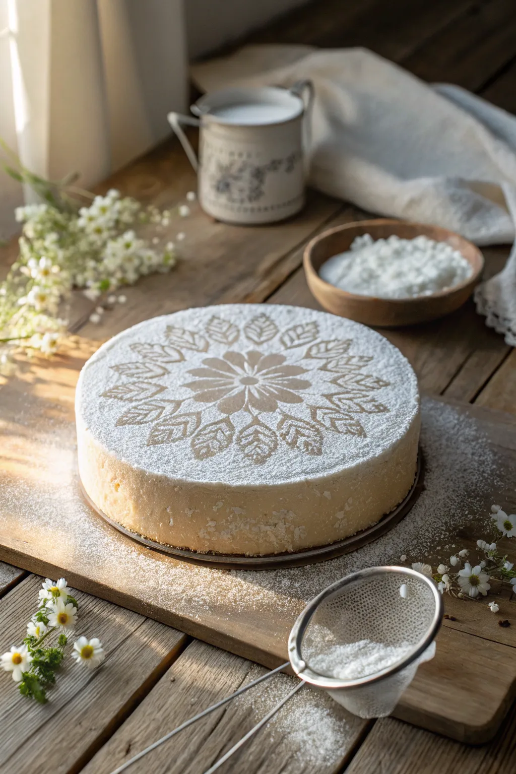 Elevate your cake's elegance with a simple floral stencil design and a sprinkle of powdered sugar. Perfect for impressing your guests effortlessly!