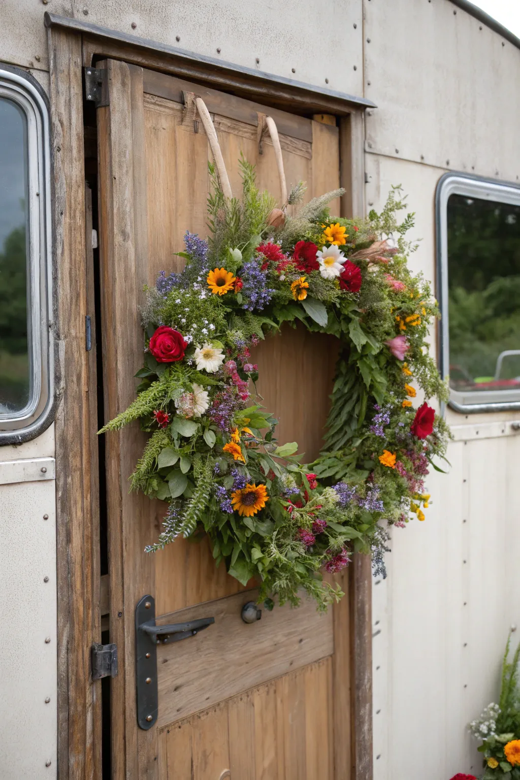 Elevate your camper's entrance with the timeless charm of a handcrafted floral wreath.