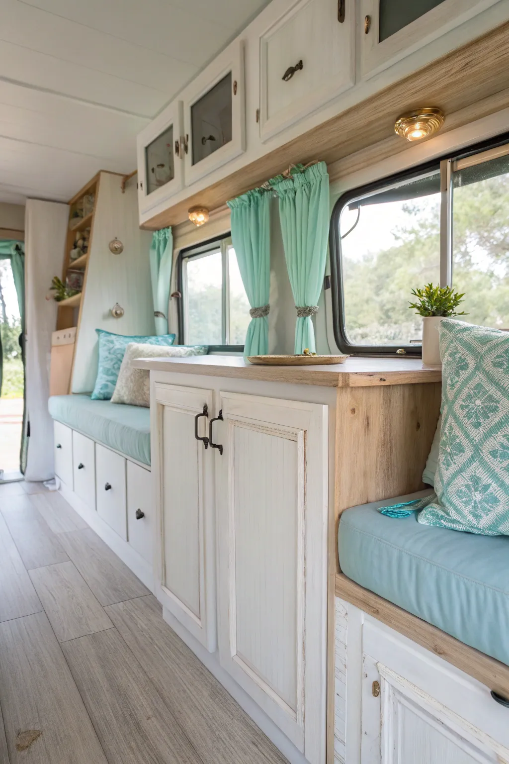 Transform your RV into a serene oasis with white and pastel hues that enhance space and light.
