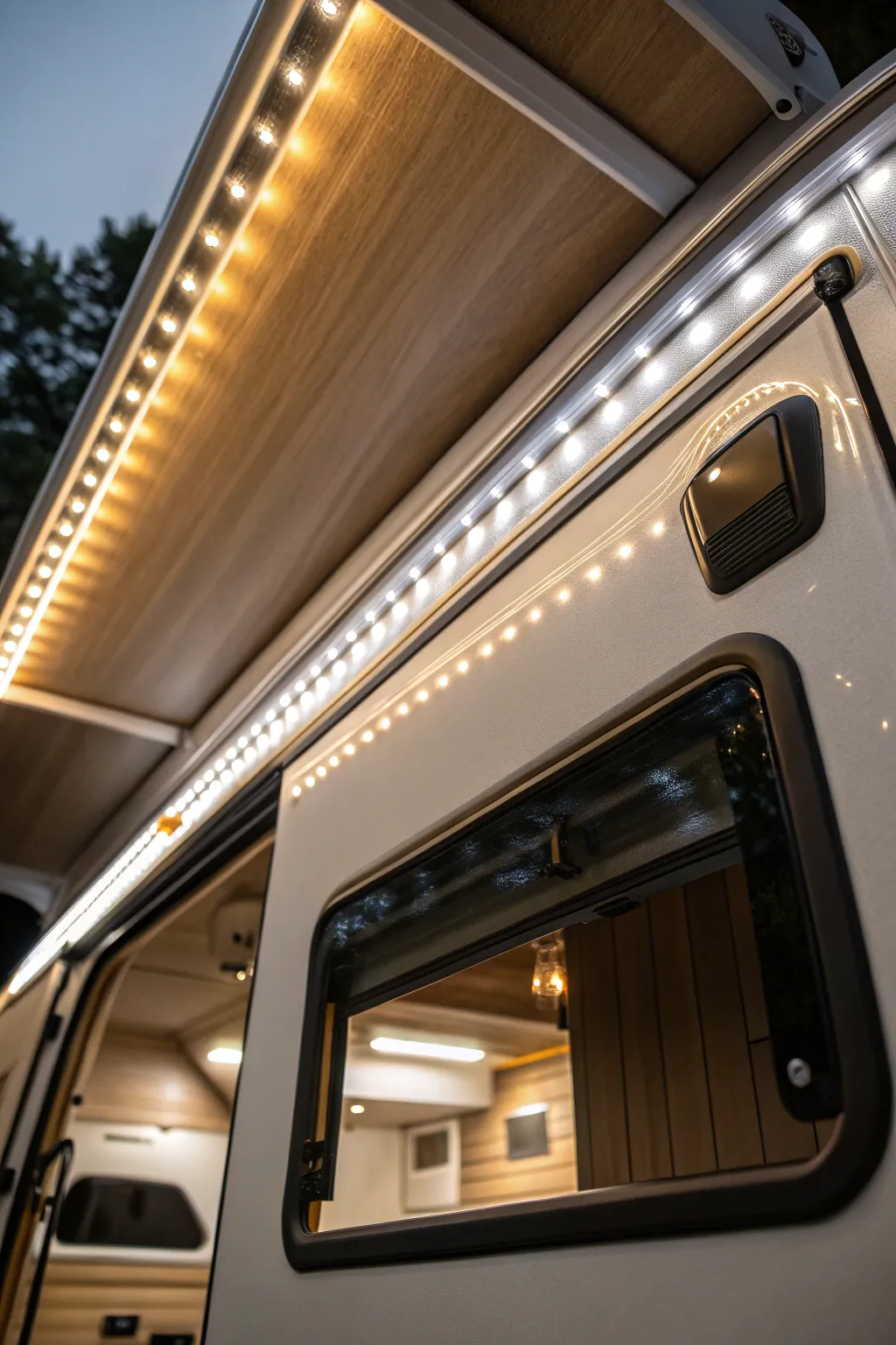Illuminate your adventure: Sleek LED strip lighting for a cozy camper shell experience.