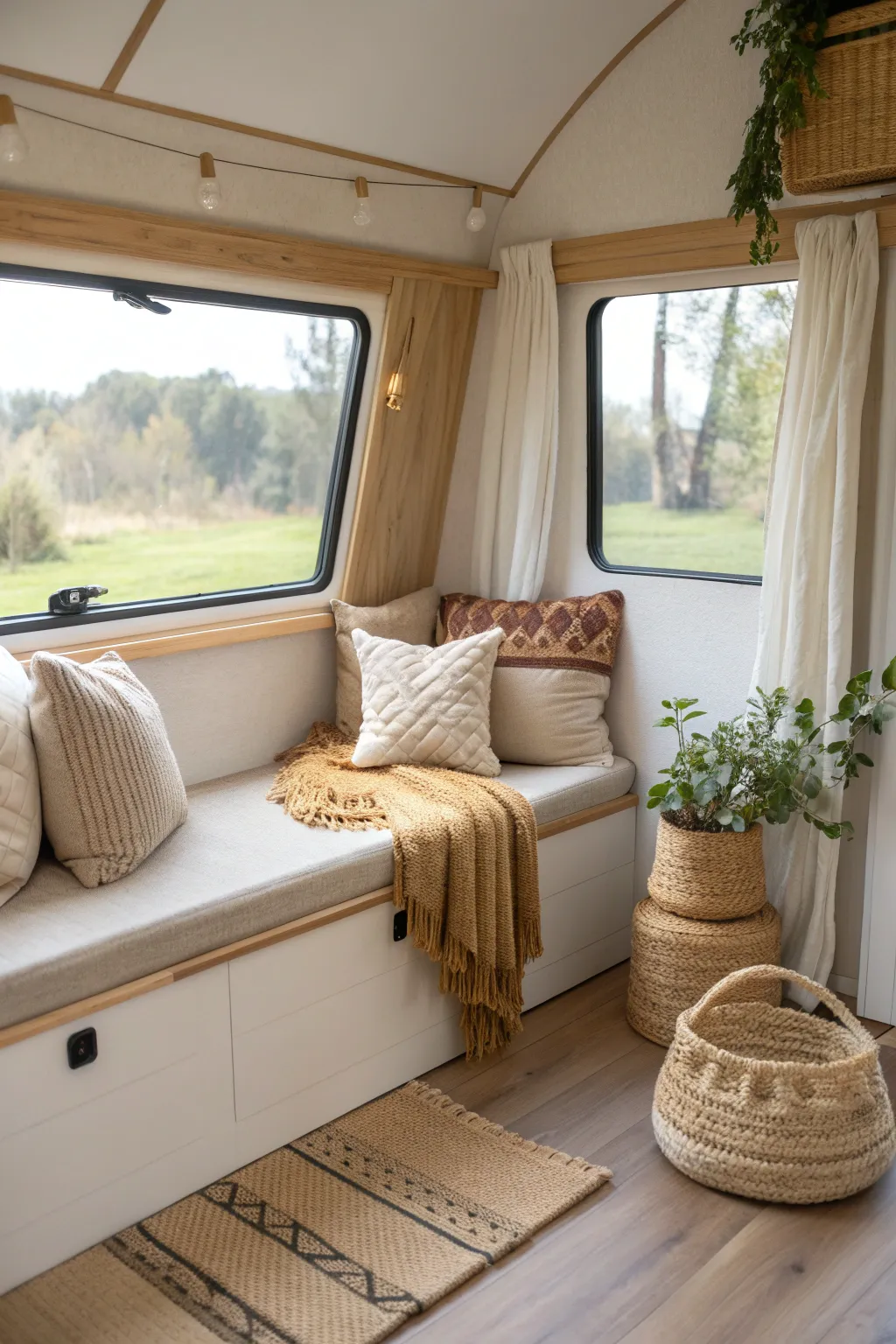 Find your serene escape in this cozy camper window nook—where minimalism meets boho charm.