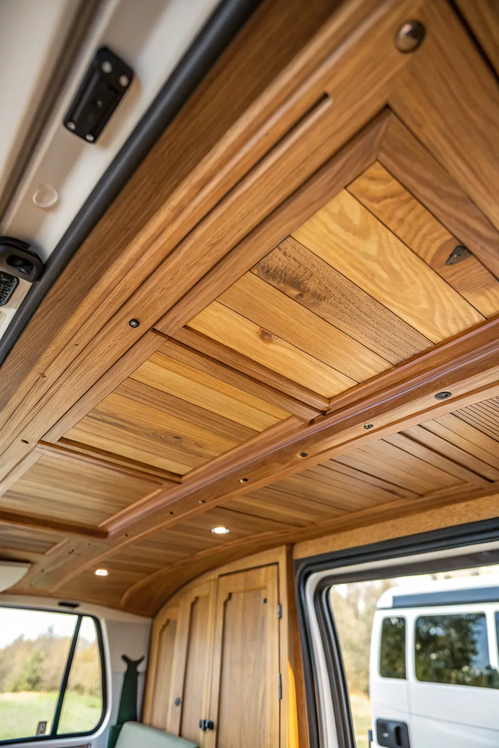 Embrace the timeless elegance of wood paneling in your campervan. Experience nature's warmth and charm overhead.