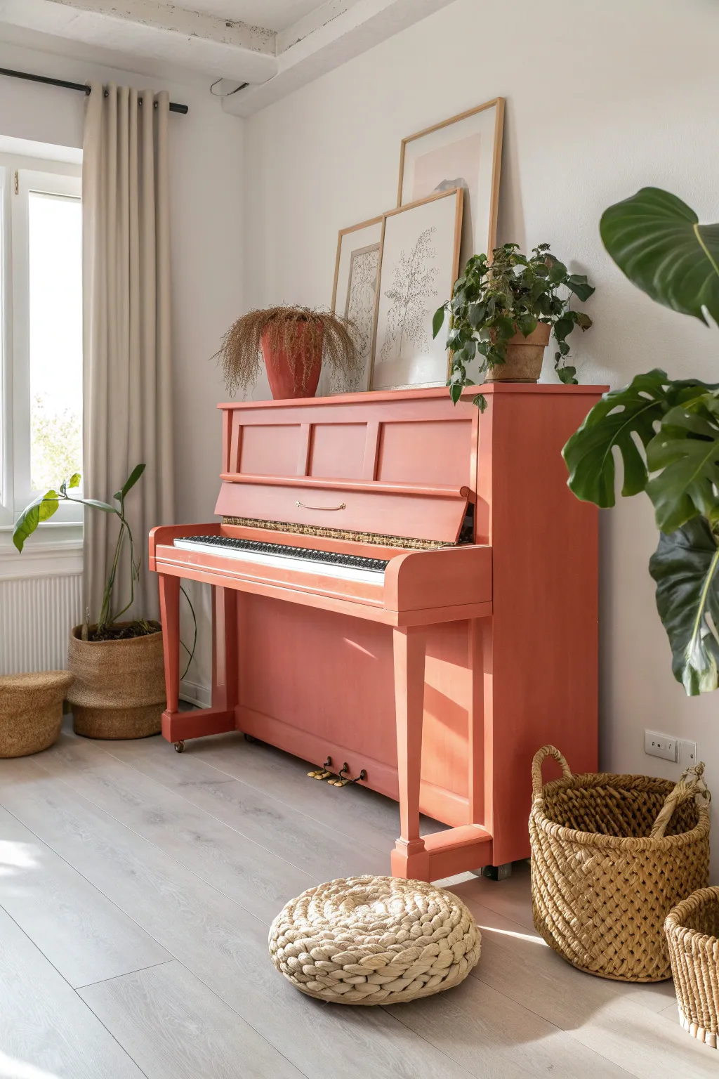 Add a splash of color to your home with a vibrant coral piano - the perfect blend of Scandinavian simplicity and boho charm.