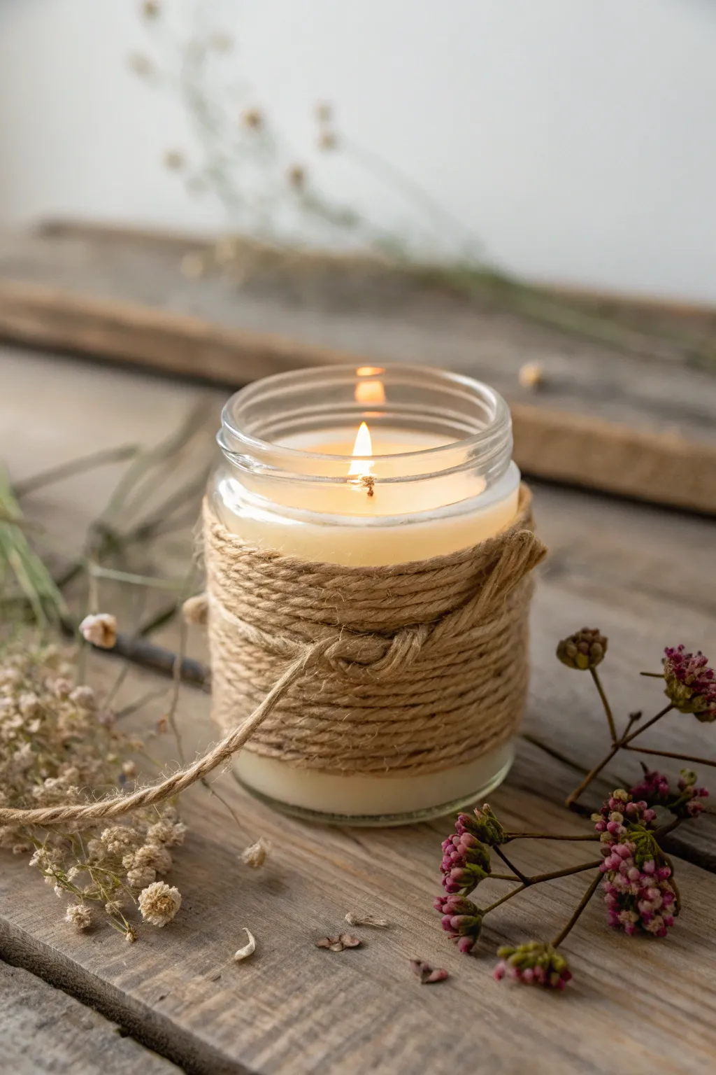 Embrace rustic elegance with a twine-wrapped candle jar, perfect for adding cozy charm to any space.