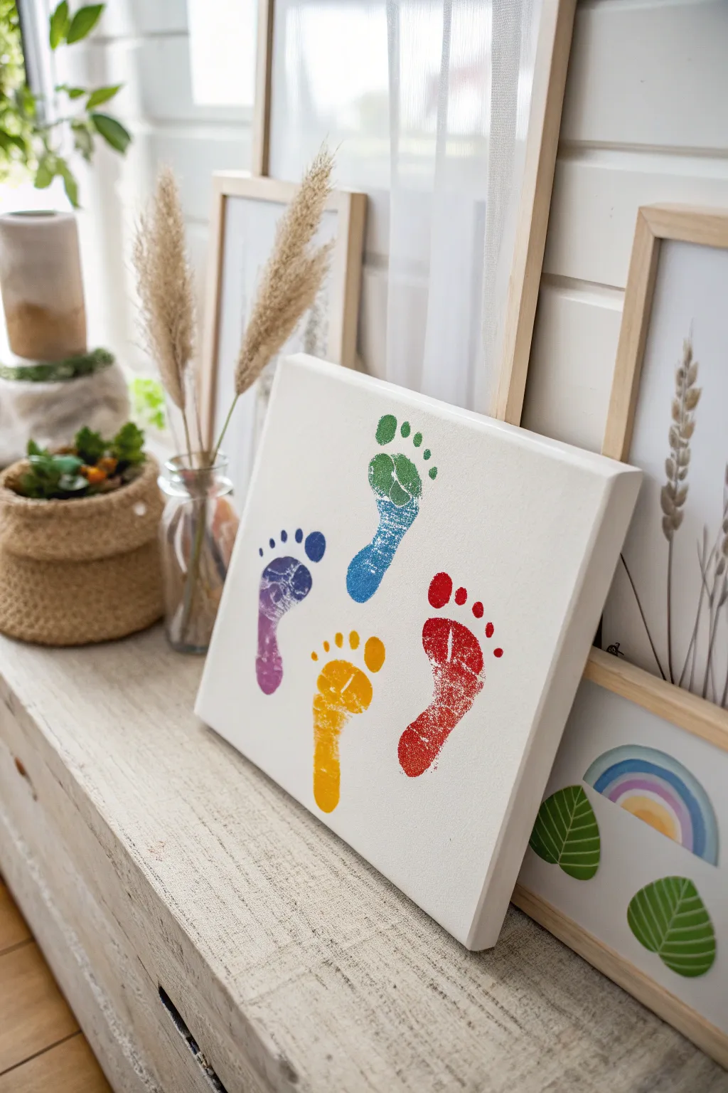 Capture the magic of first steps with a vibrant rainbow path of baby footprints, blending minimalist elegance with a touch of boho charm.