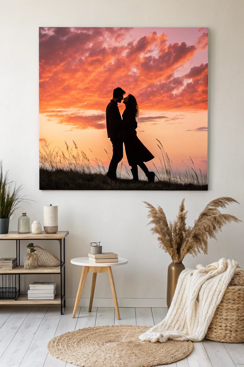 Embrace the romance of silhouettes and sunsets with this captivating canvas centerpiece.