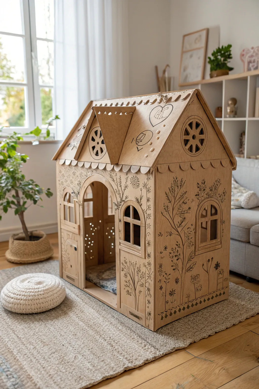 Transform your living room into a whimsical world with a handcrafted cardboard playhouse, where simplicity meets creativity and adventure awaits.
