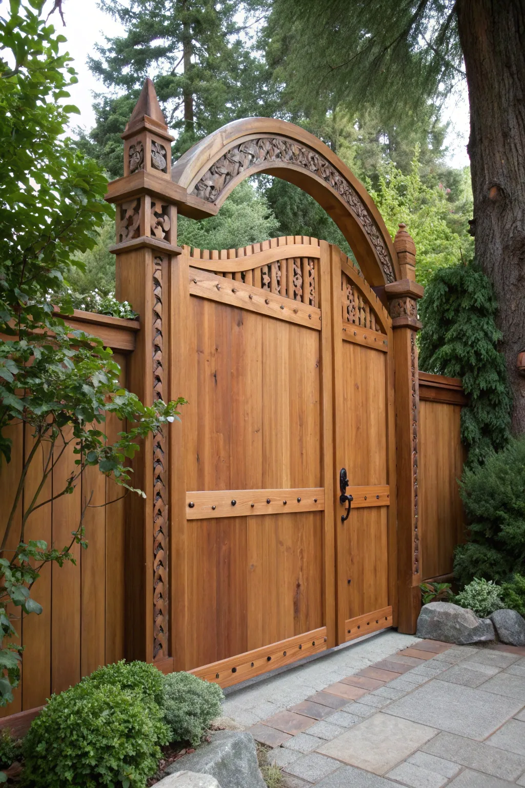 Step into timeless elegance with a classic arched cedar gate, where craftsmanship meets nature.