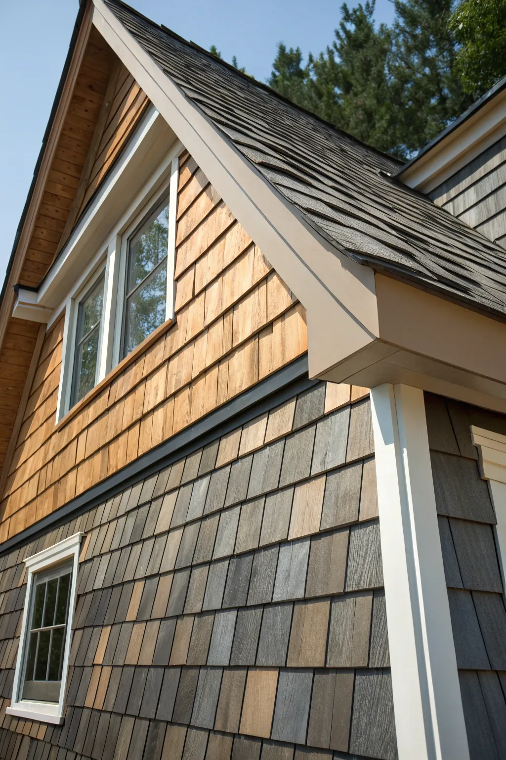 Elevate your home's facade with a striking two-tone cedar shake design.