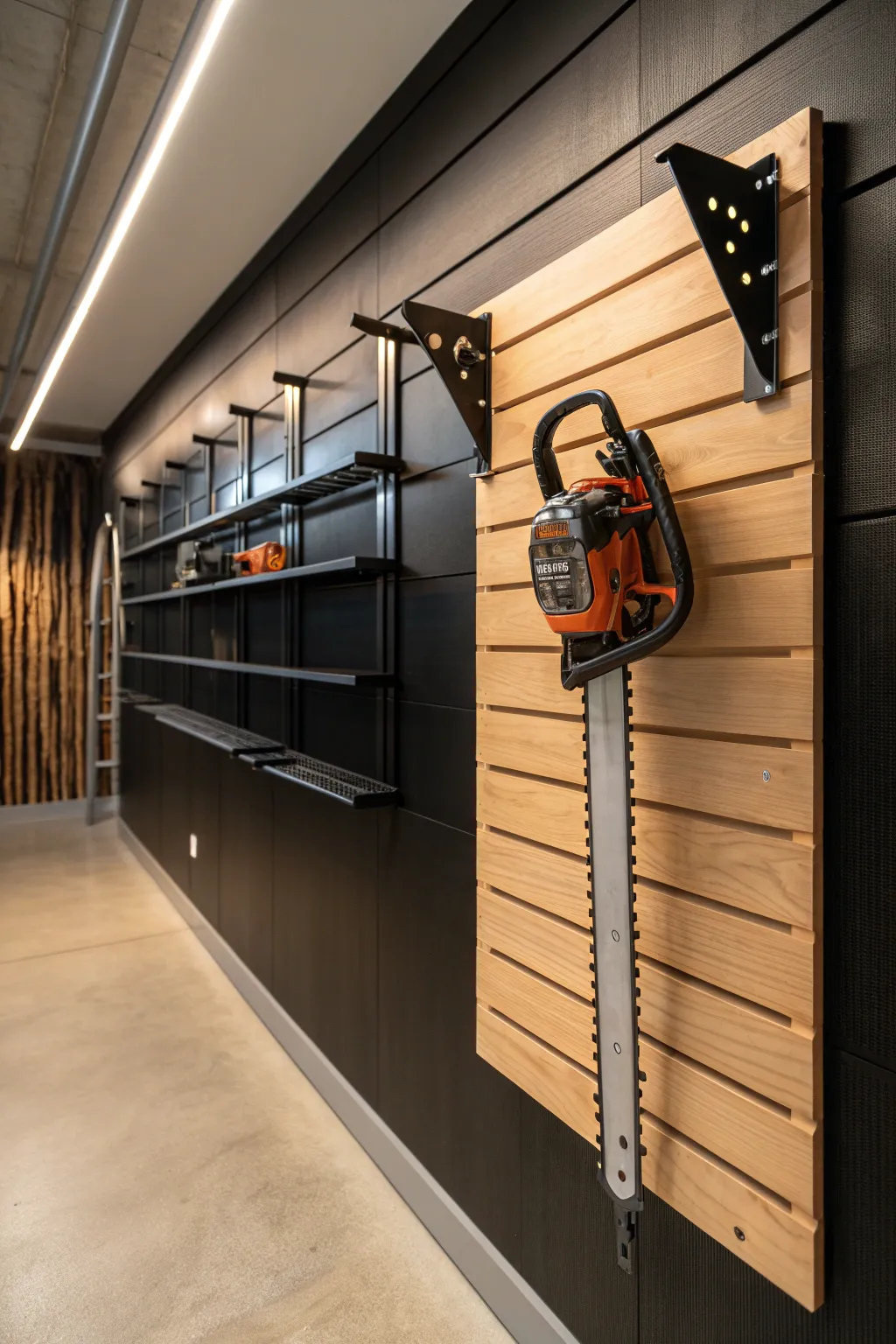 Elevate your garage game with stylish wall-mounted chainsaw storage.