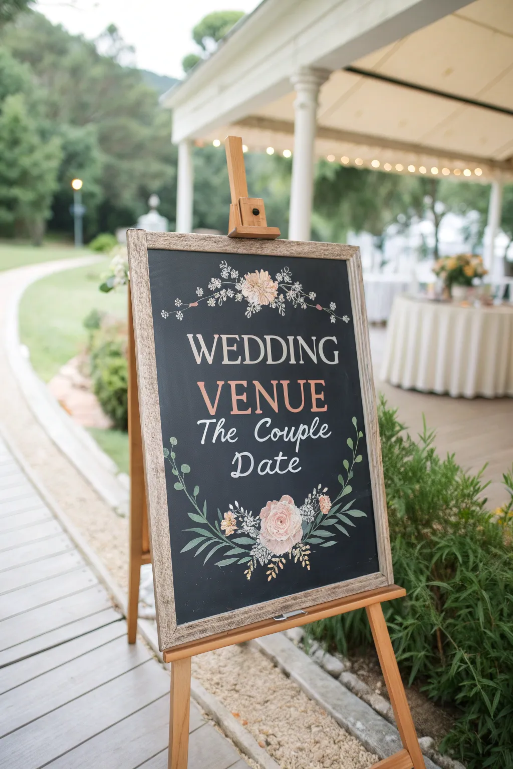 Welcome your guests with enchanting elegance: a chalkboard sign that sets the perfect tone for your special day.