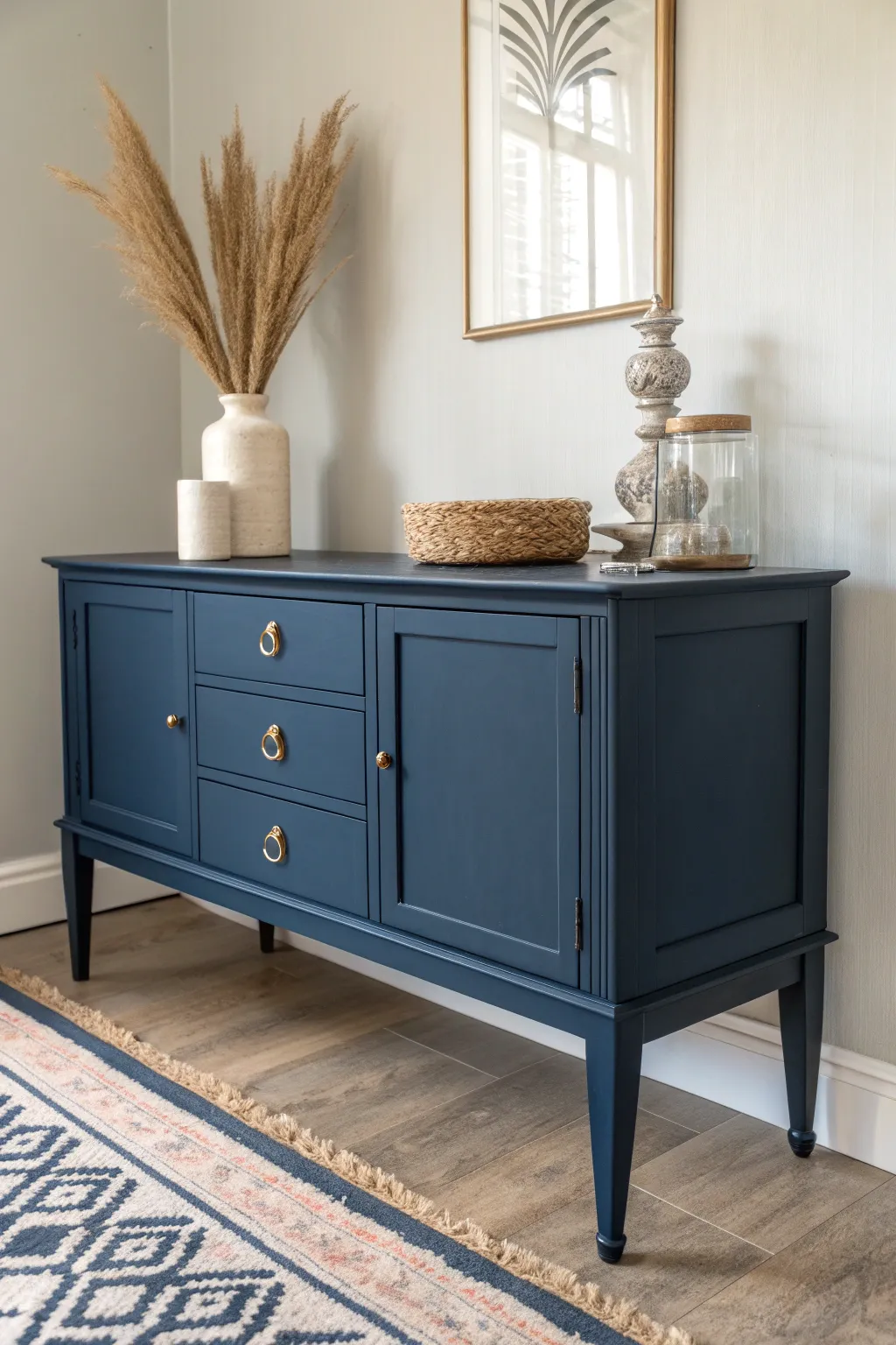 Transform your space with the timeless elegance of a navy blue chalk-painted buffet, where Scandinavian minimalism meets Boho charm.