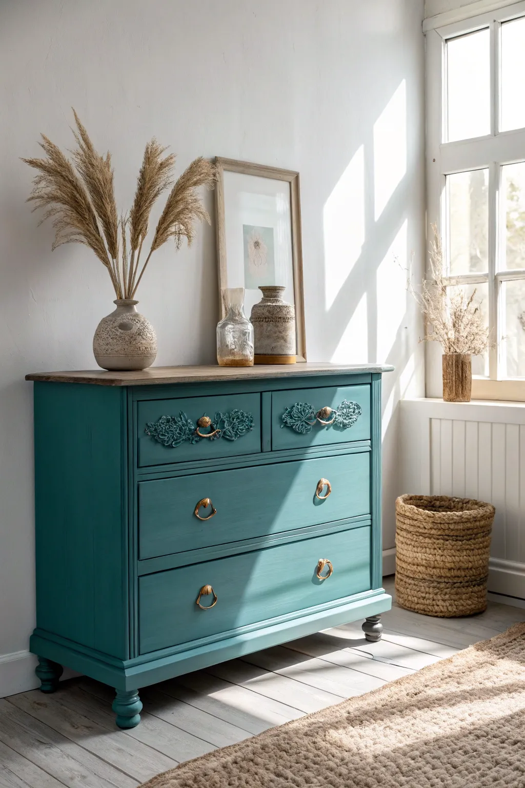 Transform your space with a bold touch of teal on a vintage dresser, blending minimalist design with boho charm.