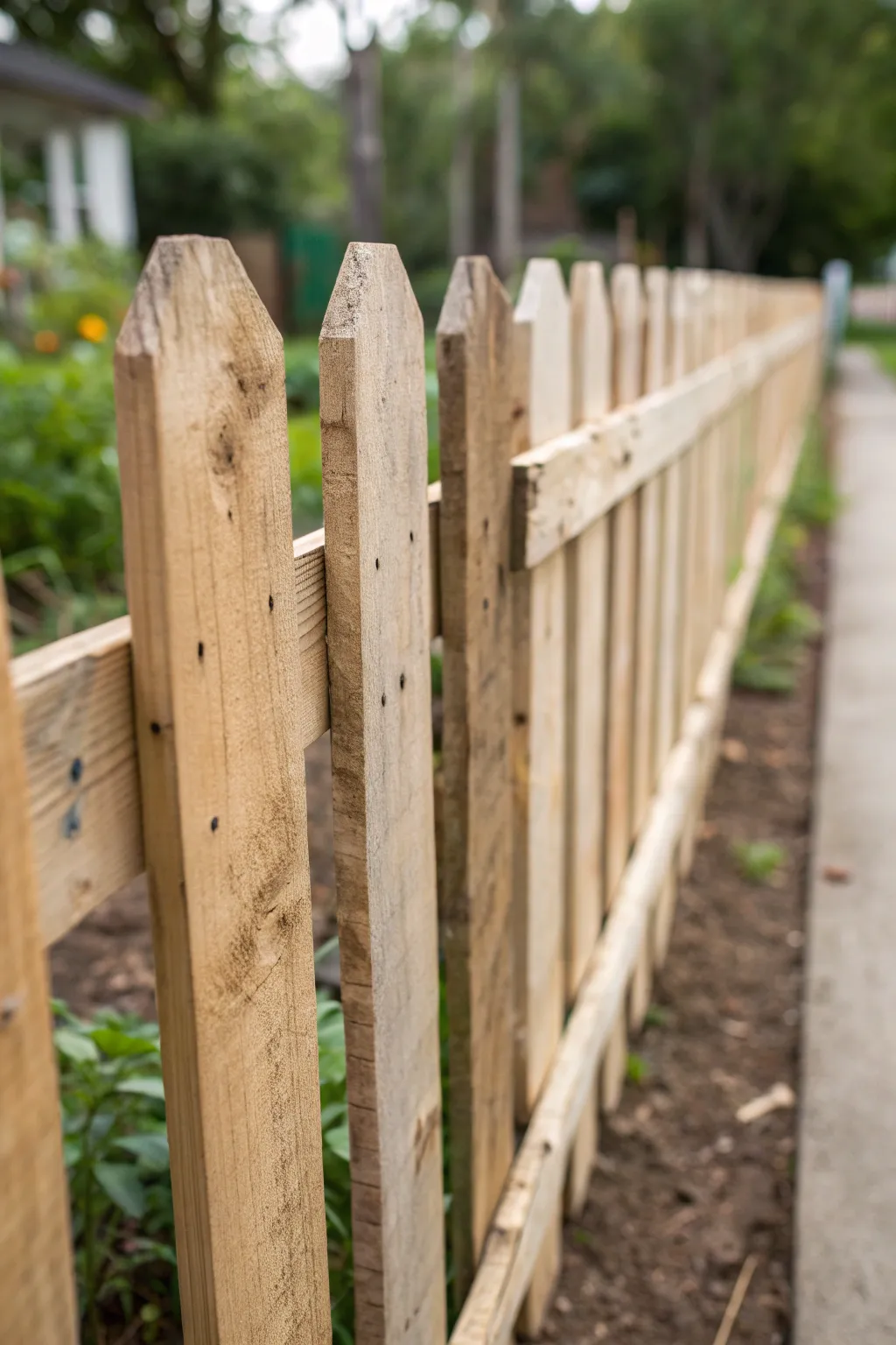 Transform old pallets into a charming picket fence with rustic charm and crafted precision.