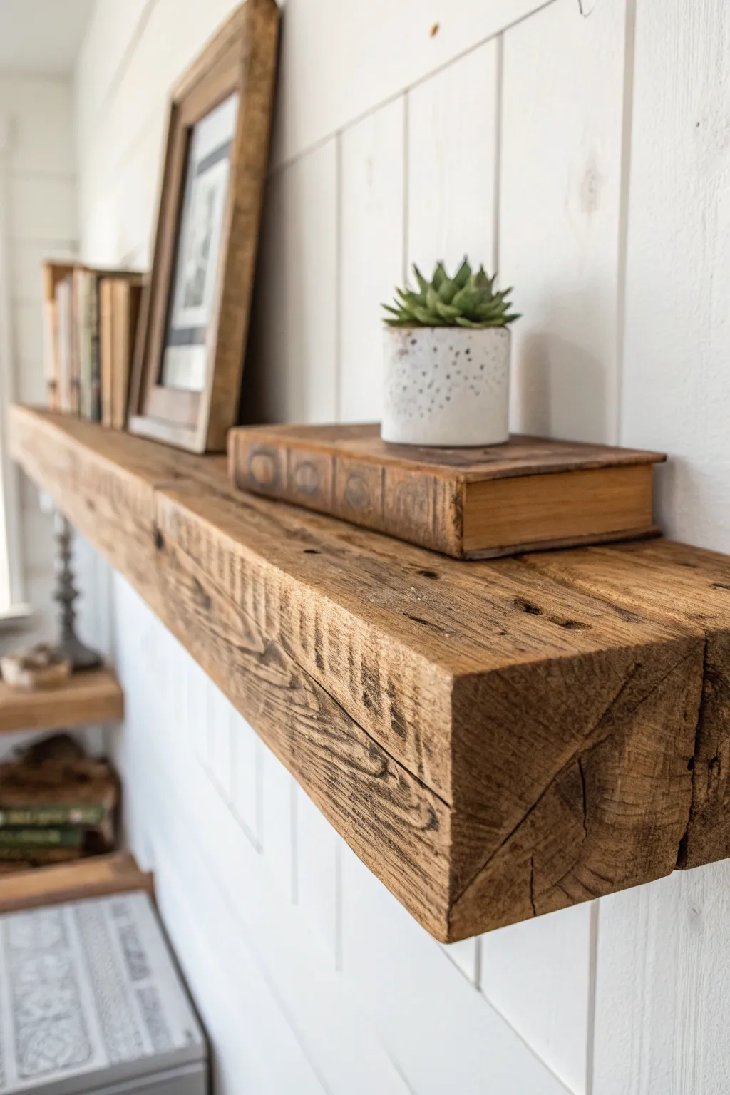 Elevate your space with rustic charm: Reclaimed wood floating shelves for a budget-friendly, stylish upgrade.