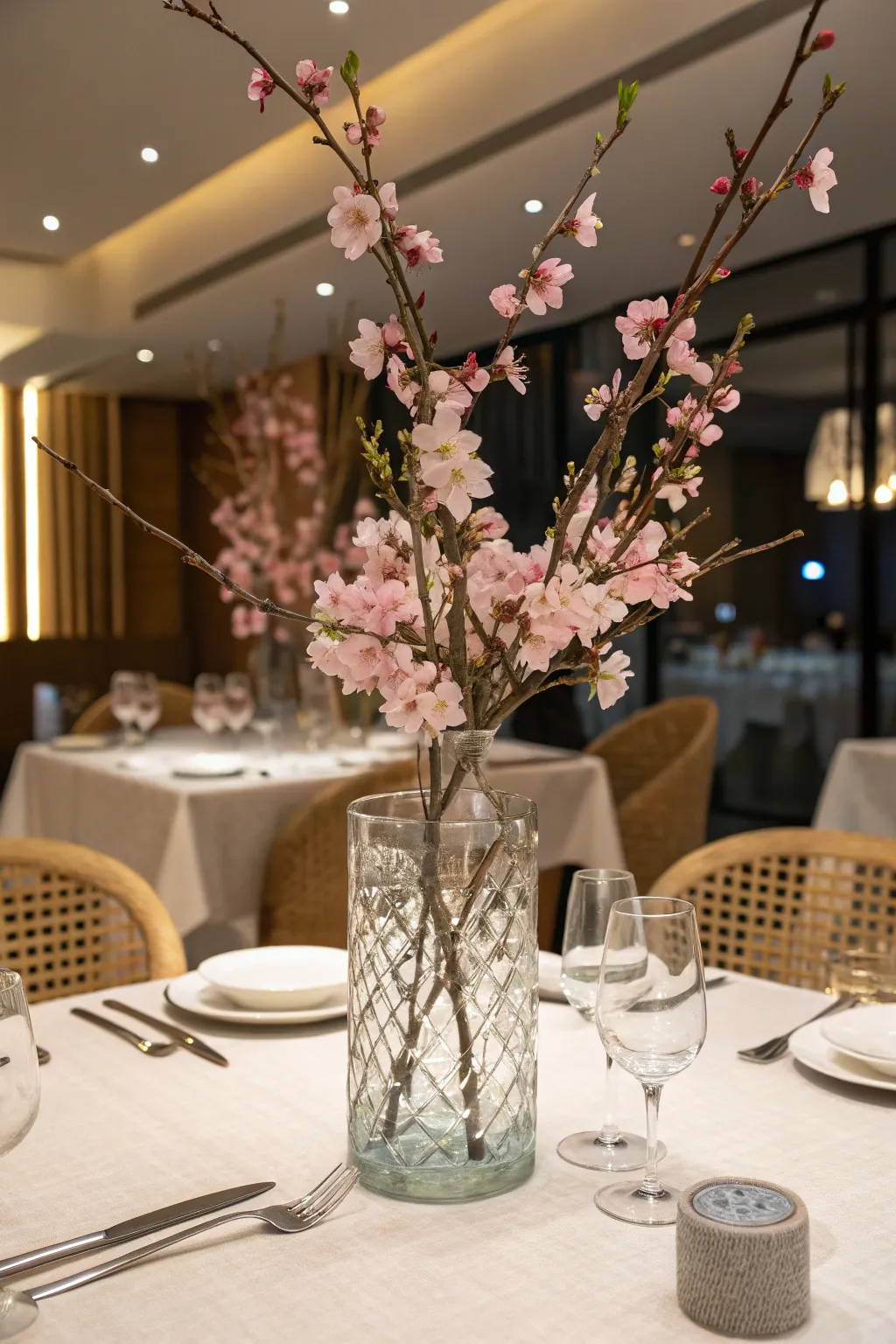 A glass vase with cherry blossoms adds an elegant touch to this dining table.