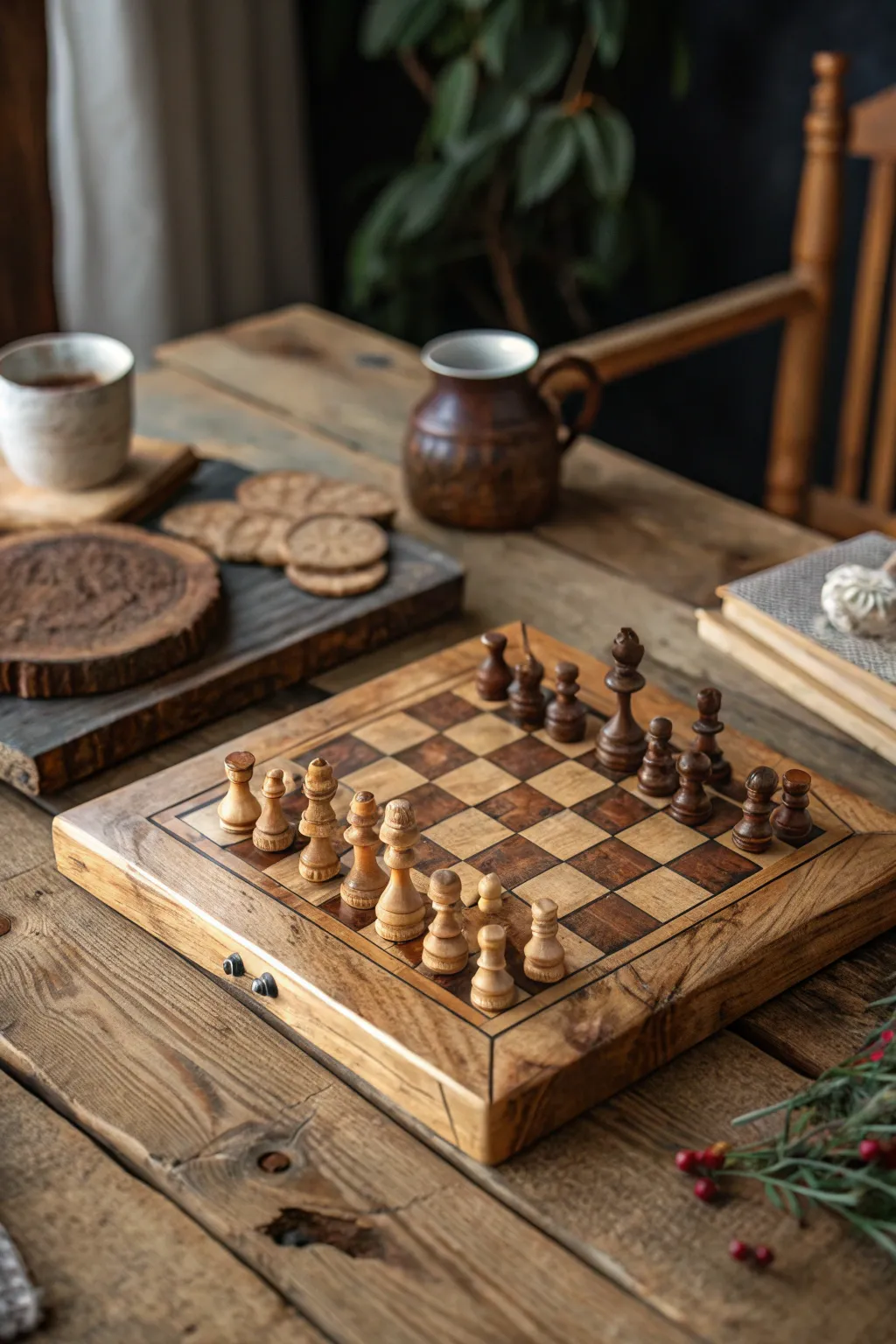 Experience the timeless allure of rustic craftsmanship with this handcrafted wooden chess board.