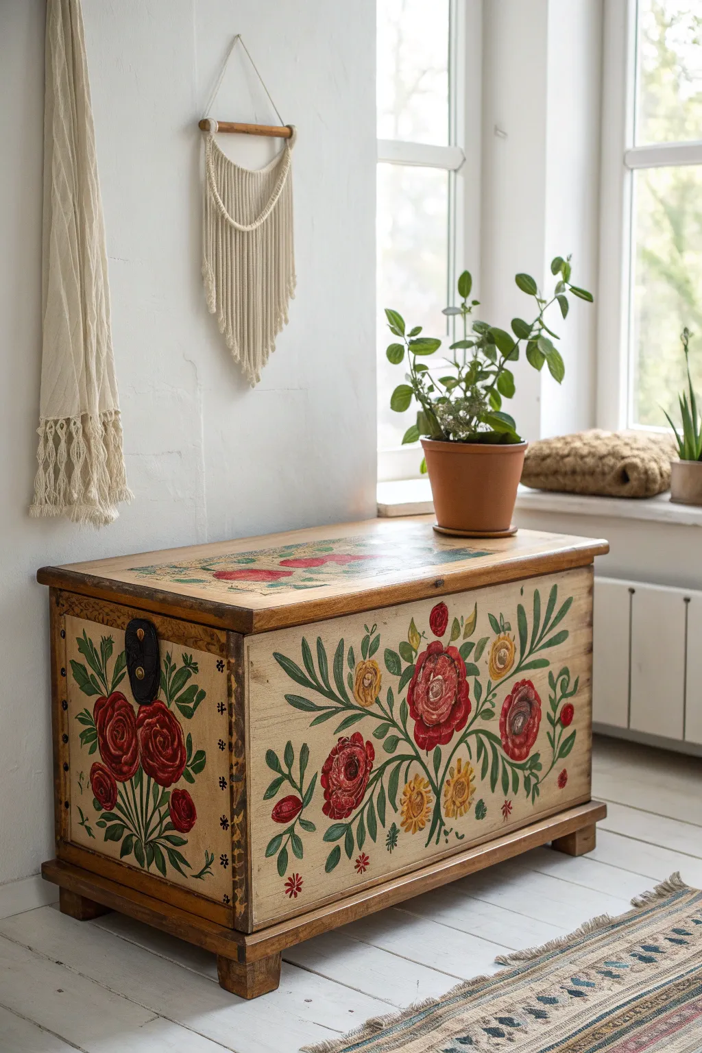 Transform your space into a Floral Fantasy with this stunningly painted chest as the centerpiece, blending Scandinavian minimalism with boho charm.
