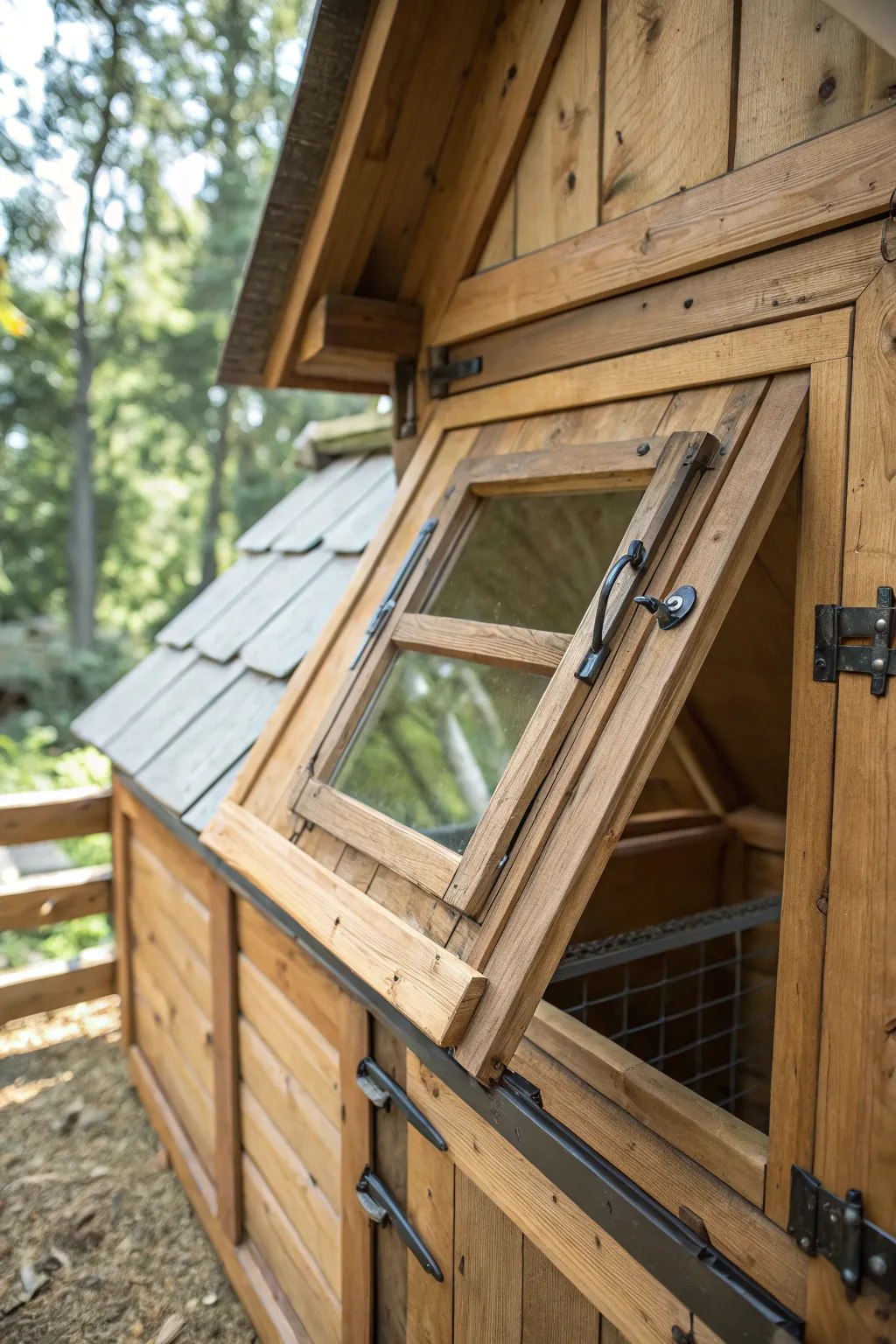 Experience the perfect blend of form and function with these top-hinged coop windows, designed for optimal ventilation and rustic charm.